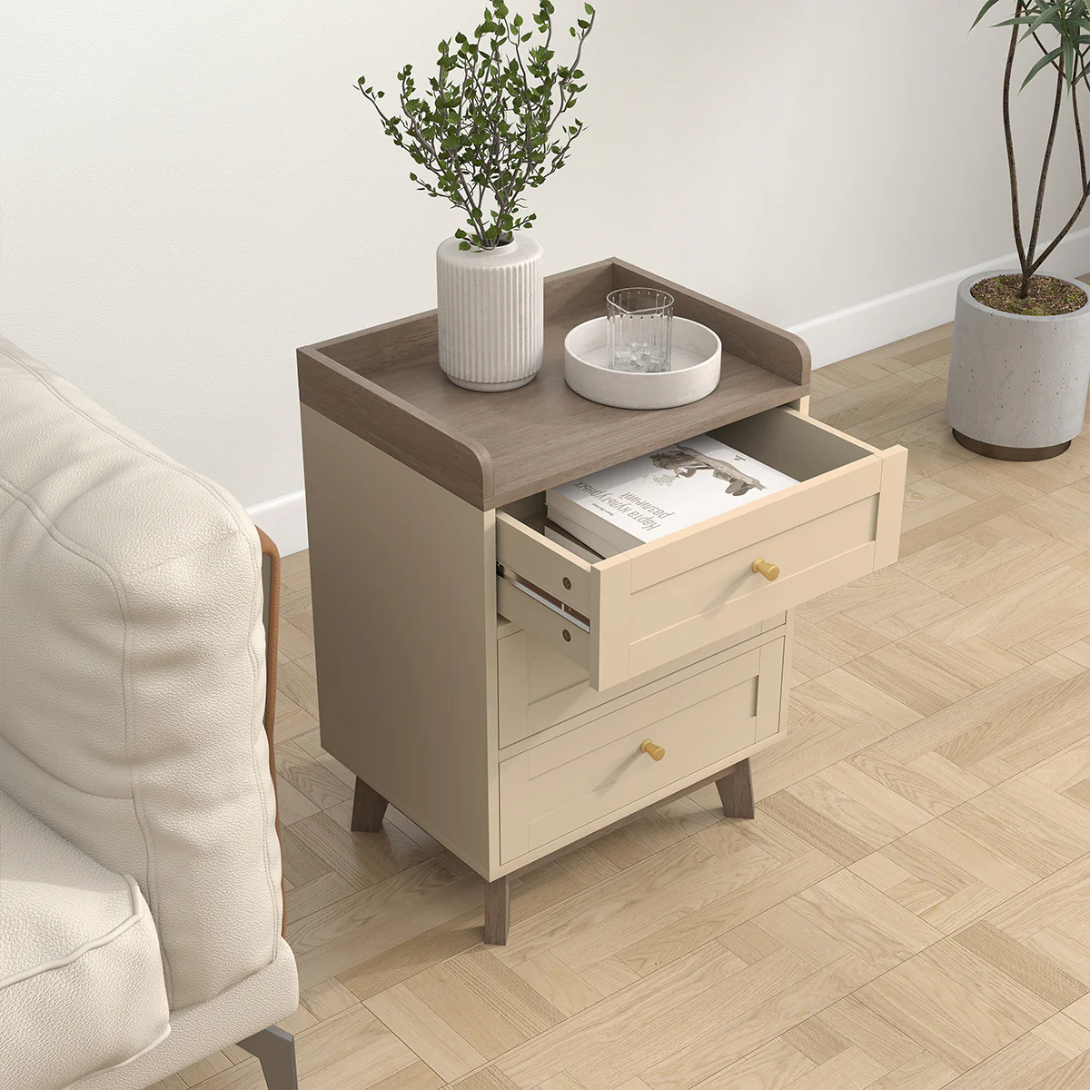 Cream 3 Drawer Bedside Table - Oswin Range - Image 2