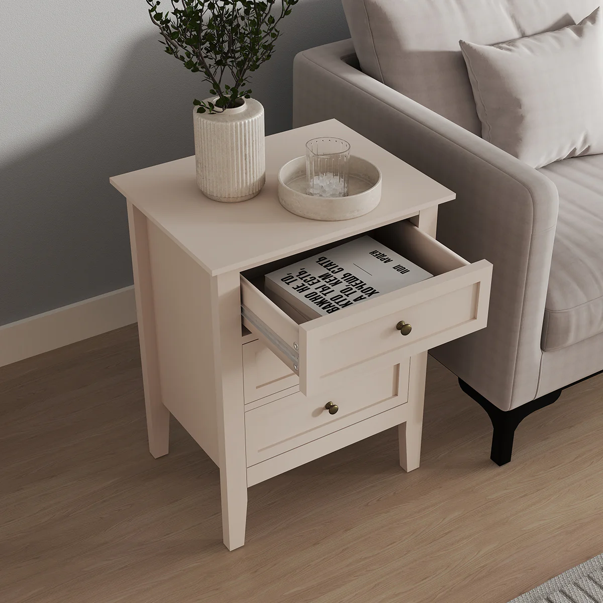 3 Drawer Bedside Table - Rowley Taupe Grey Range - Image 3