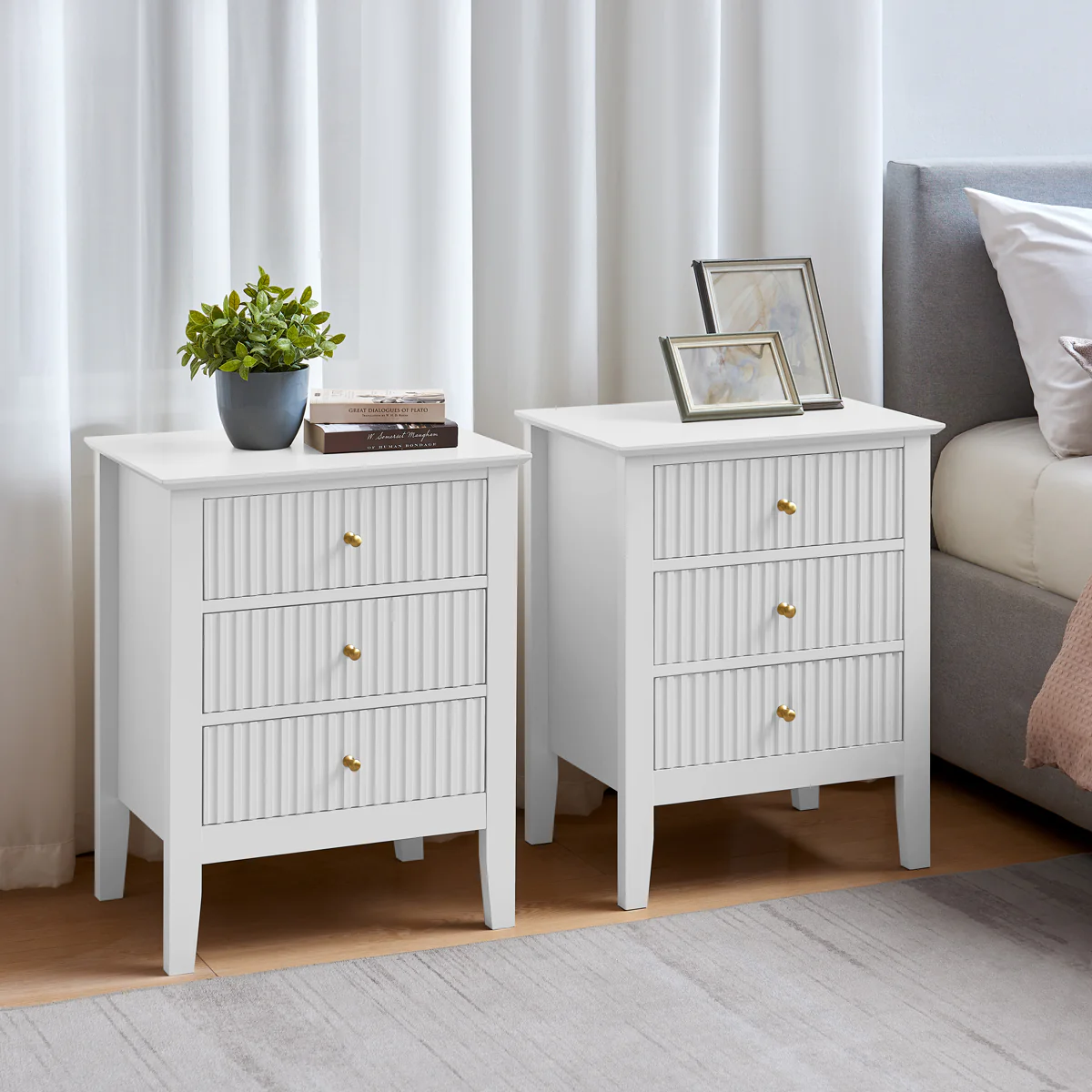 6 Drawer Chest of Drawers, Tall 5 Drawer Bedside Table and Pair of 3 Drawer Bedside Tables - Hales White Range - Image 3