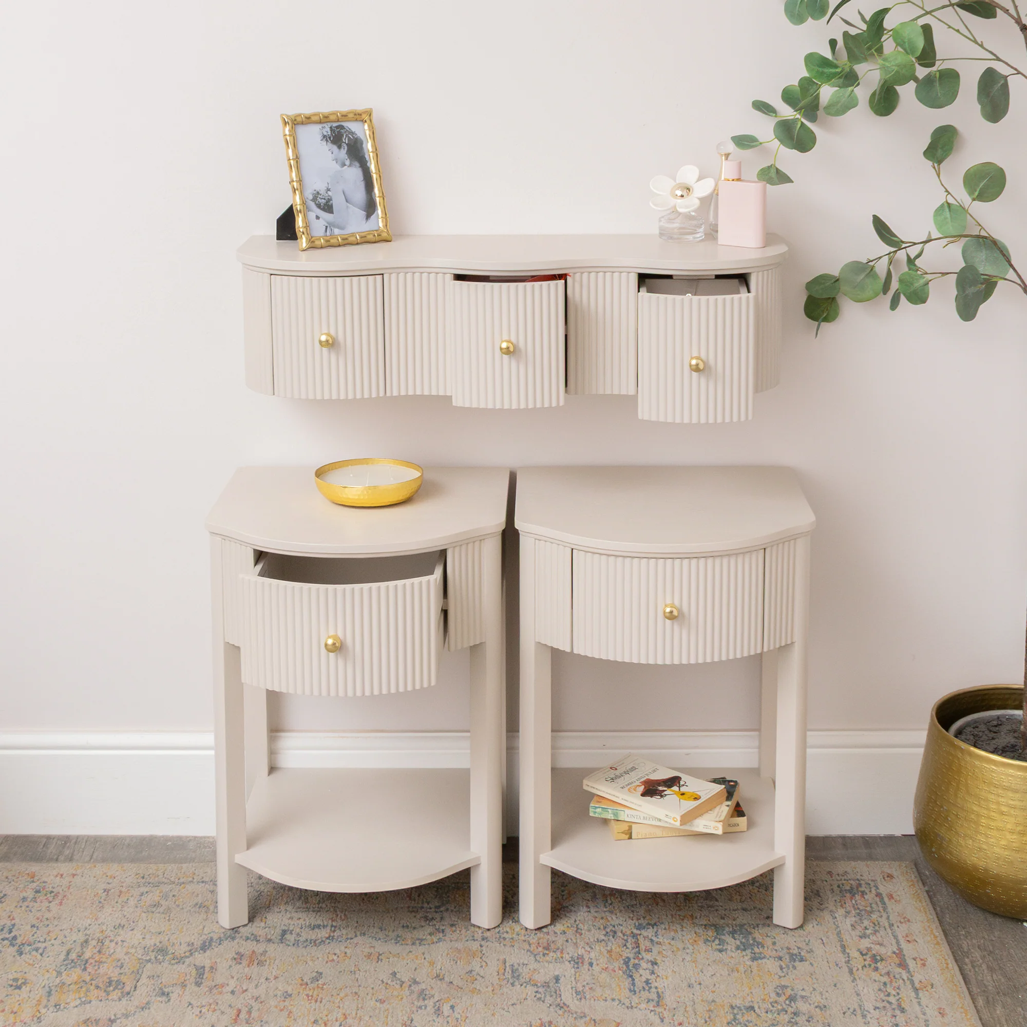 3 Drawer Reeded Wall Mounted Floating Dressing Table & Pair of Bedside Tables - Willow Taupe-Grey Range - Image 2