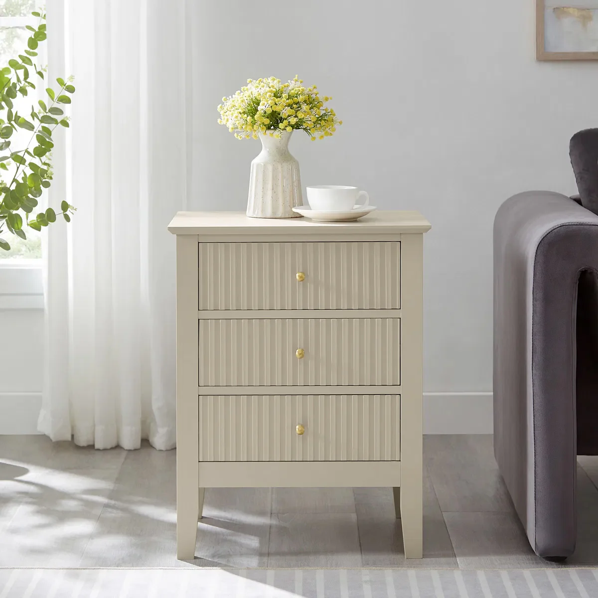 6 Drawer Chest of Drawers, Tall 5 Drawer Bedside Table, Pair of 3 Drawer Bedside Tables and Dressing Table Set - Hales Taupe Range - Image 5
