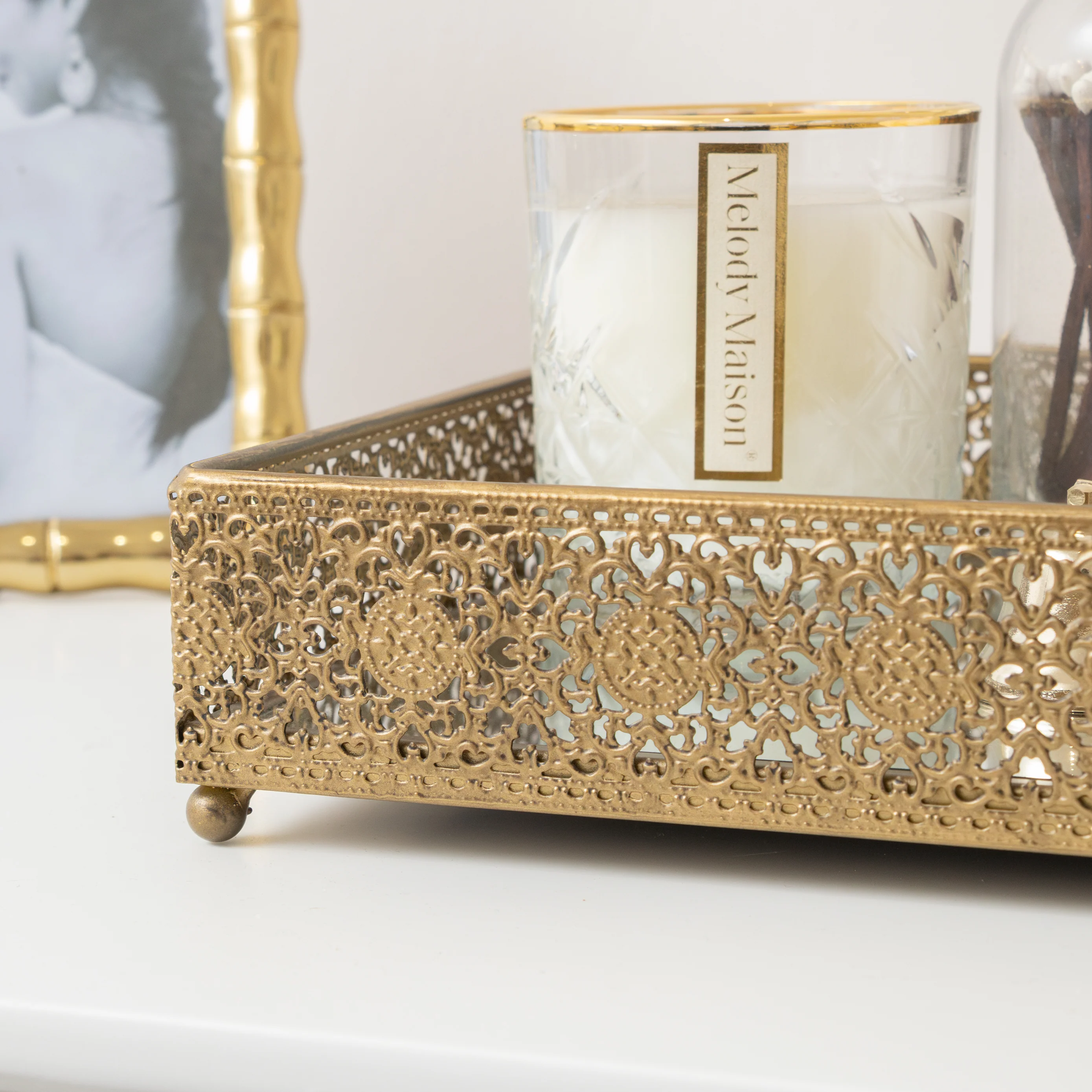 Antique Gold Rectangular Mirrored Base Tray - 36cm - Image 2