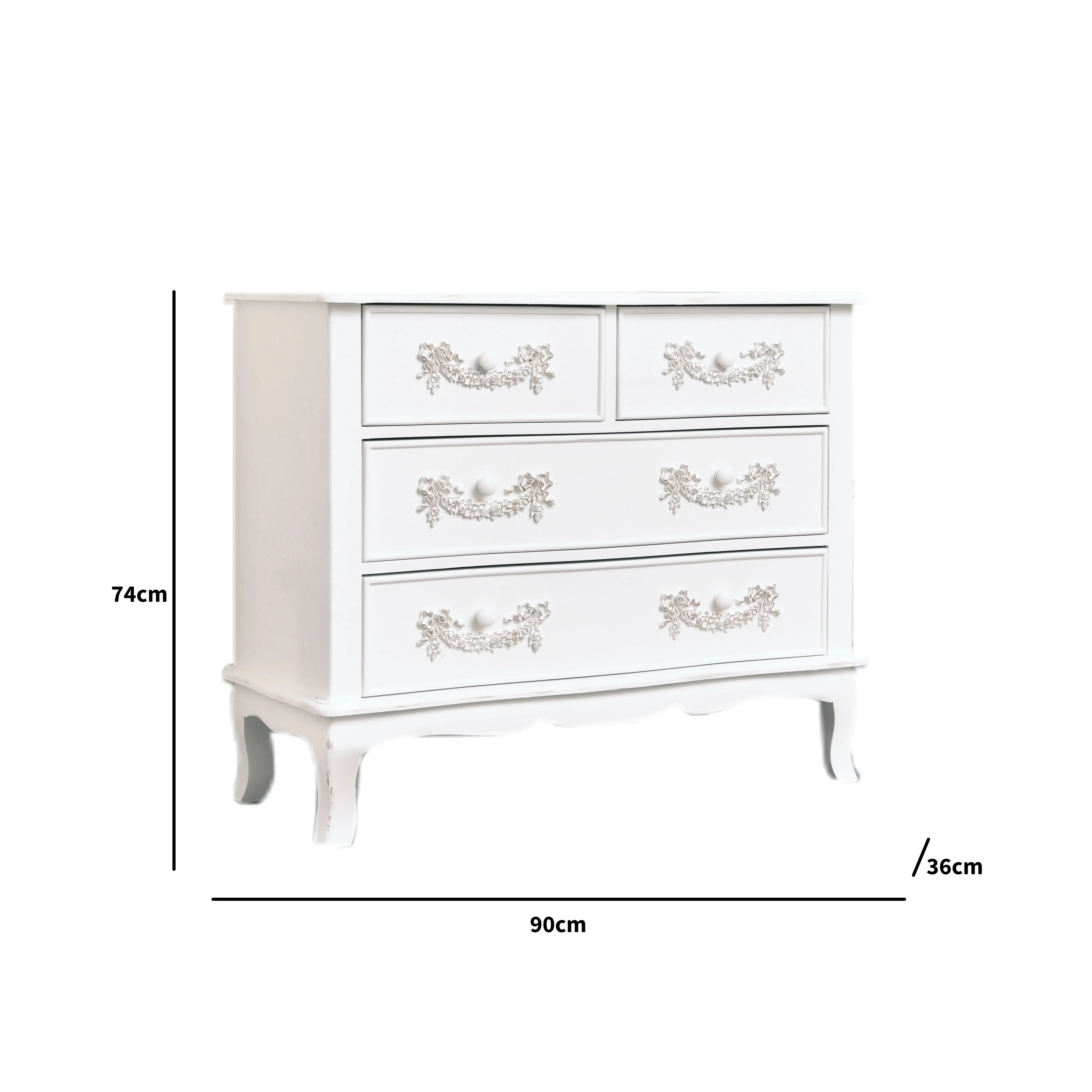 Antique White 4 Drawer Chest of Drawer & Pair of 3 Drawer Bedside Tables - Pays Blanc Range - Image 7