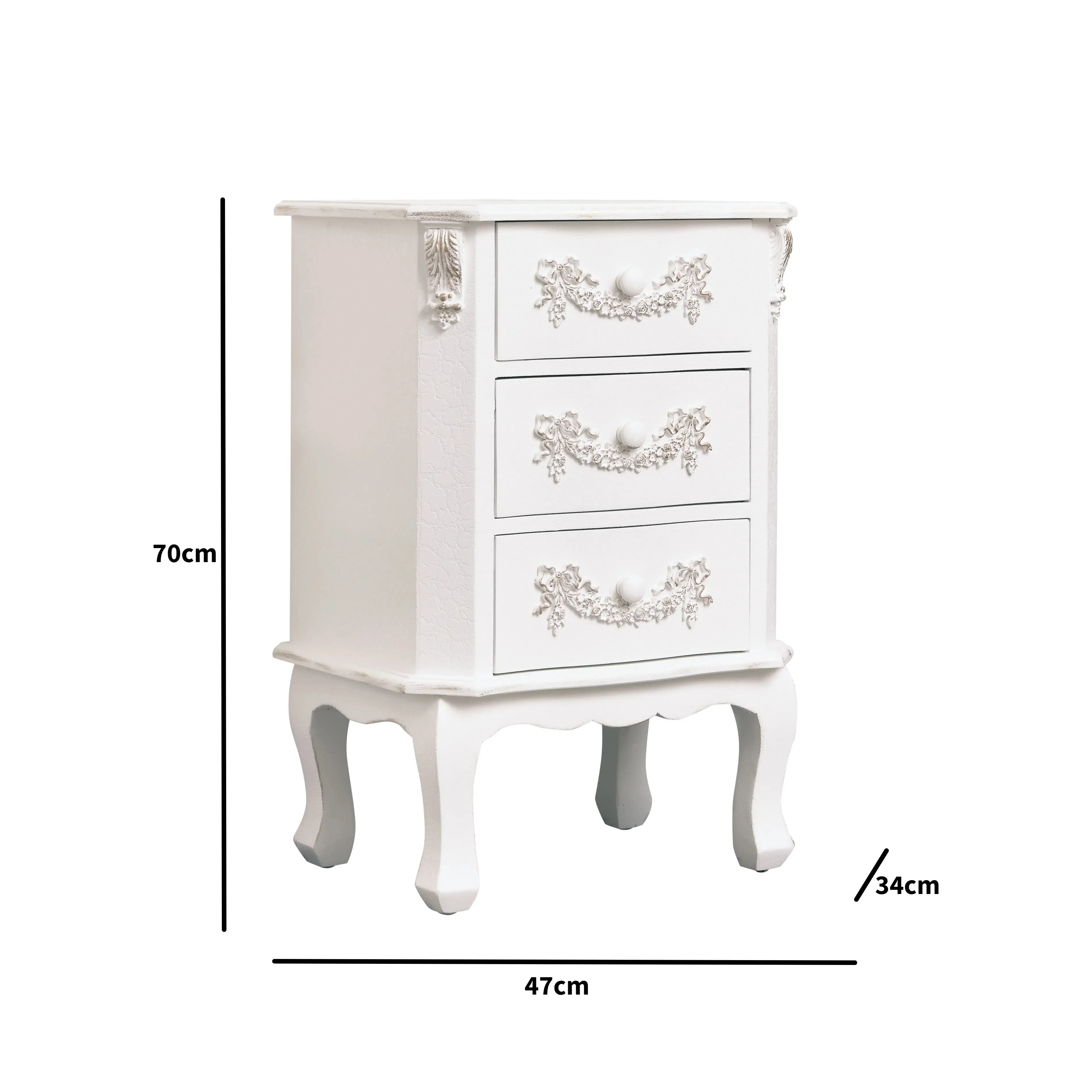 Antique White 4 Drawer Chest of Drawer & Pair of 3 Drawer Bedside Tables - Pays Blanc Range - Image 8
