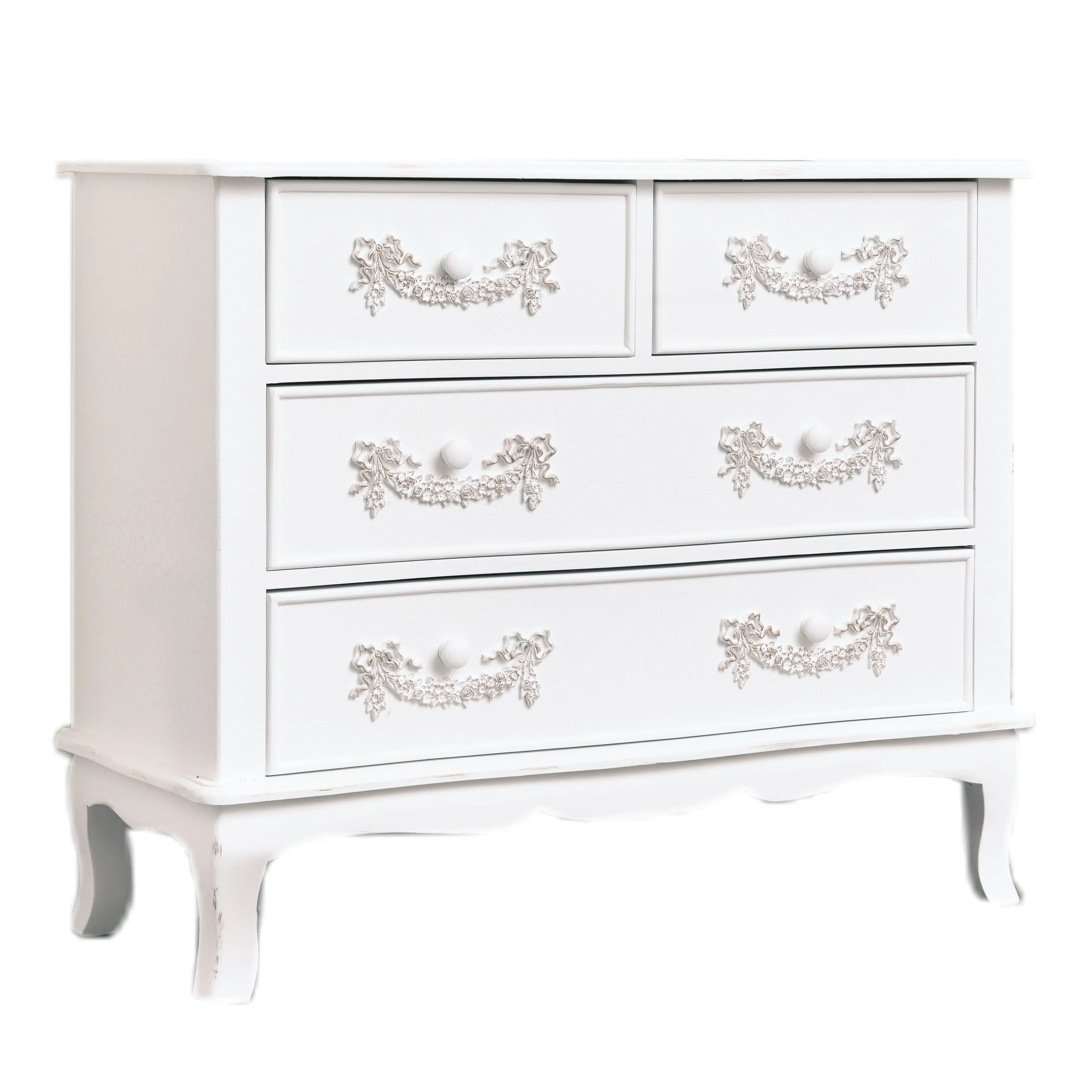 Antique White 4 Drawer Chest of Drawer & Pair of 3 Drawer Bedside Tables - Pays Blanc Range - Image 9
