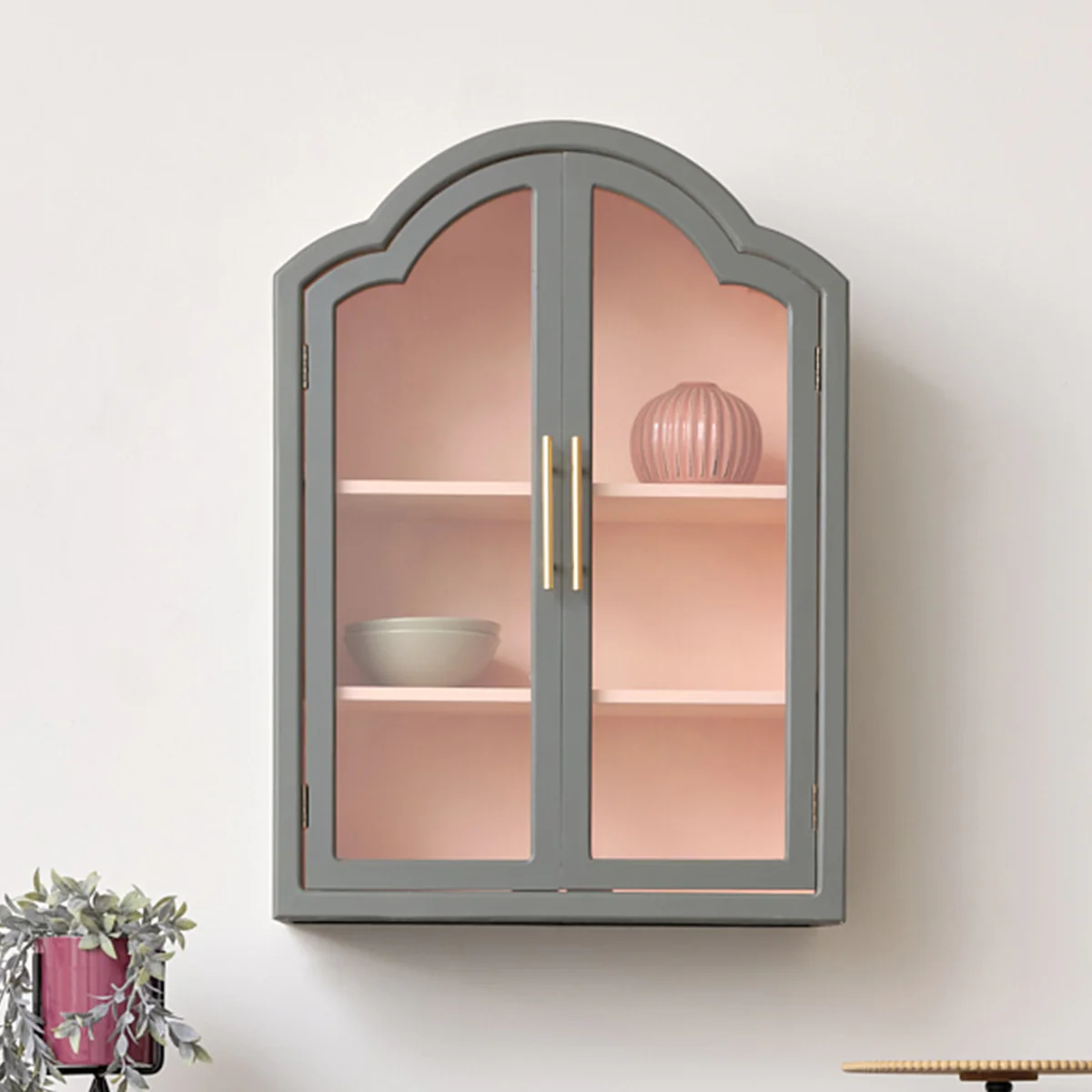 Arched Khaki Green & Peach Wall Cabinet 79cm x 57cm - Image 7