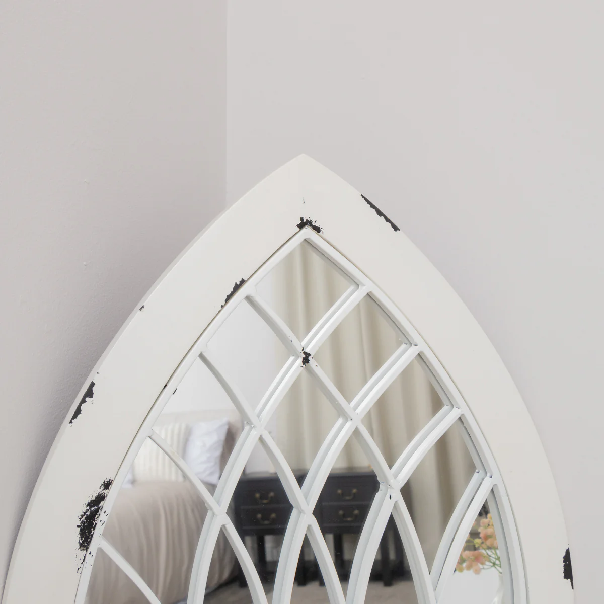 Arched White Distressed Chapel Fretwork Garden Mirror - 47cm x 142cm - Image 4