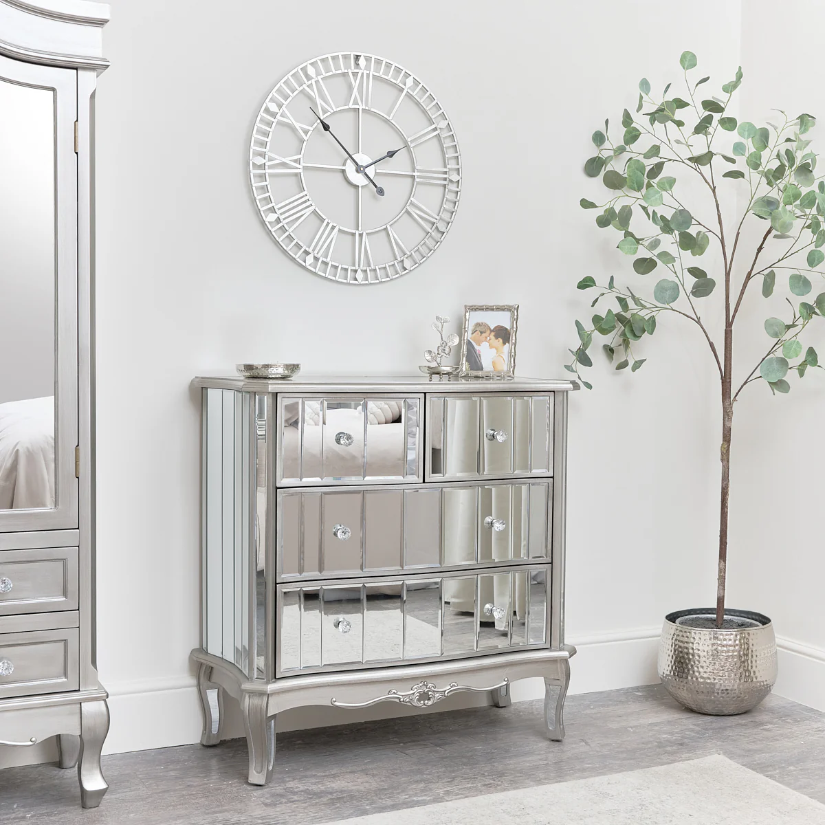 Silver Mirrored Chest of Drawers & Pair of 3 Drawer Bedside Tables - Tiffany Range - Image 3