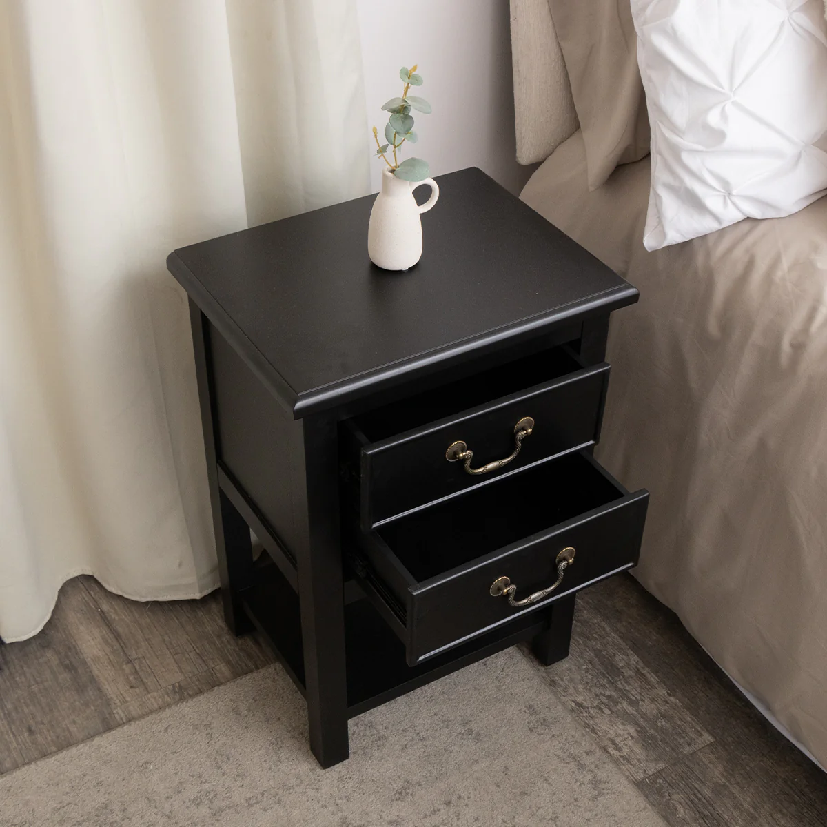Black 2 Drawer Bedside Table with Shelf - Briggs Range - Image 4