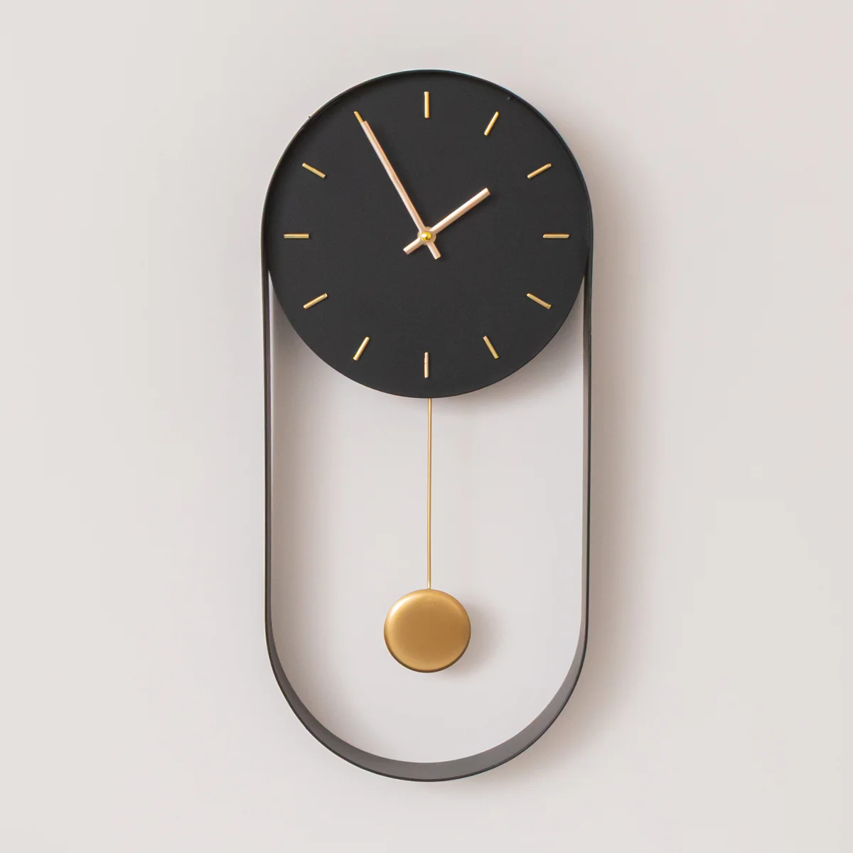 Black & Gold Pendulum Metal Analogue Wall Clock - 20cm x 55cm