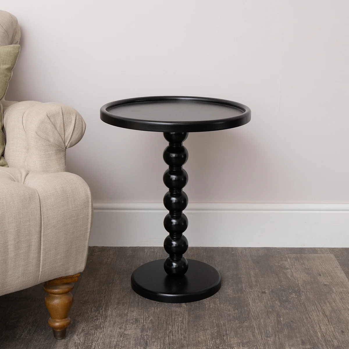 Black Painted Round Wooden Bobble Side Table - 45cm x 56.5cm - Image 5