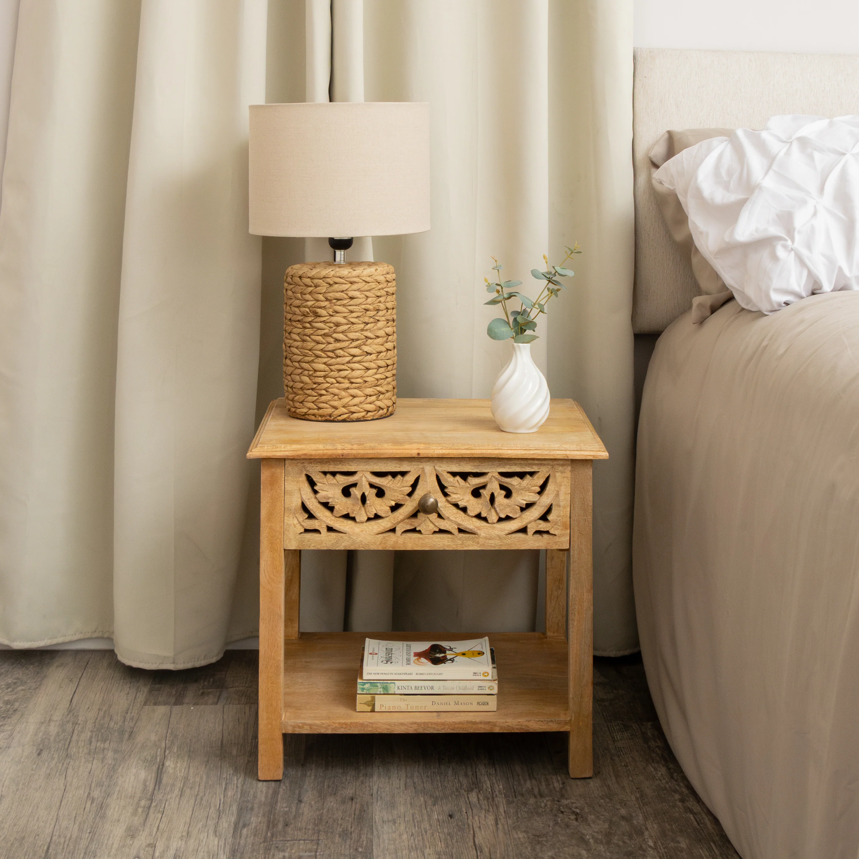 Natural Mango Wood Bohemian Bedside Table - Freya Wood Range - Image 6