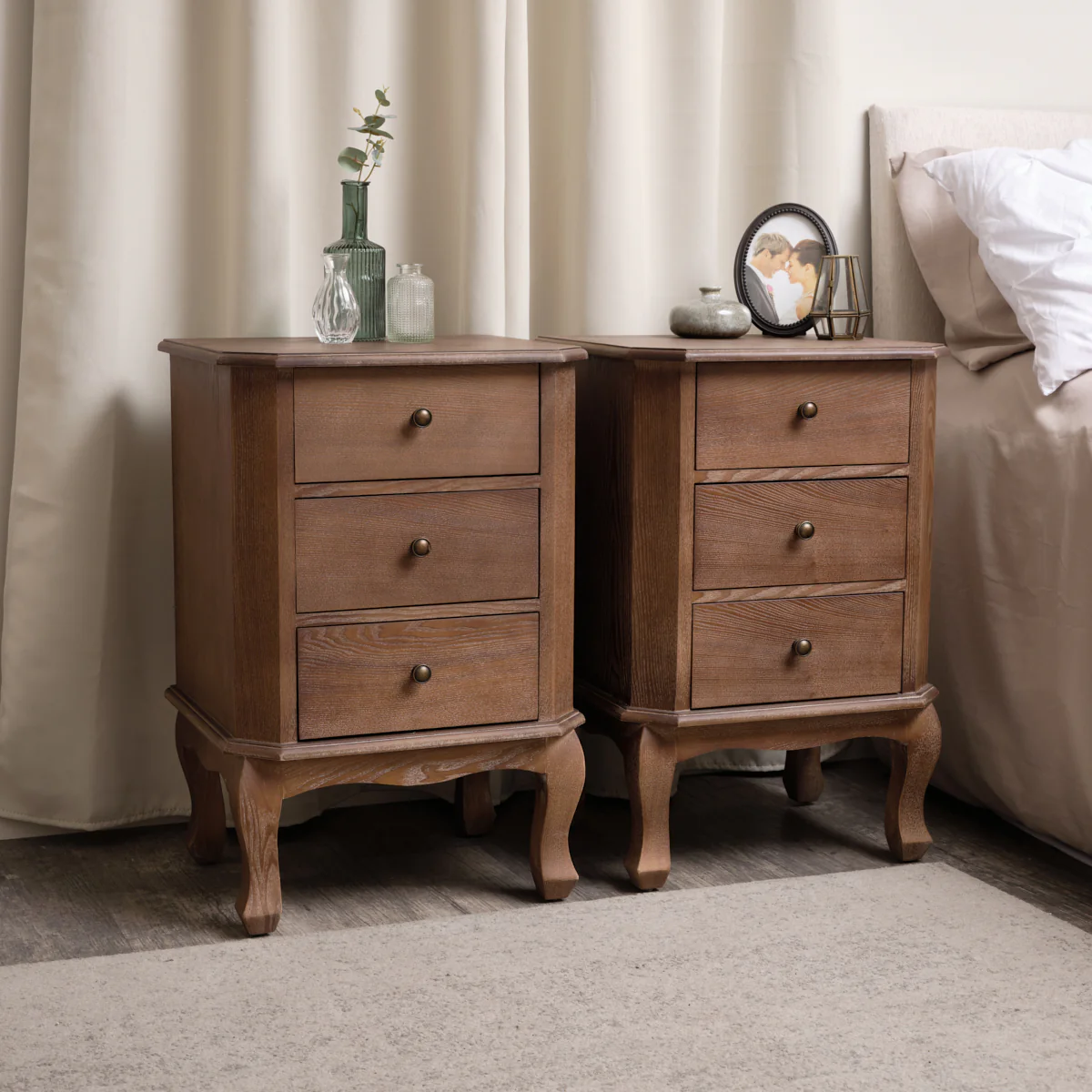 Dark Wood Wardrobe, Dressing Table Desk with Triple Mirror, Stool and Pair of Bedside Tables - Ashwell Range - Image 4