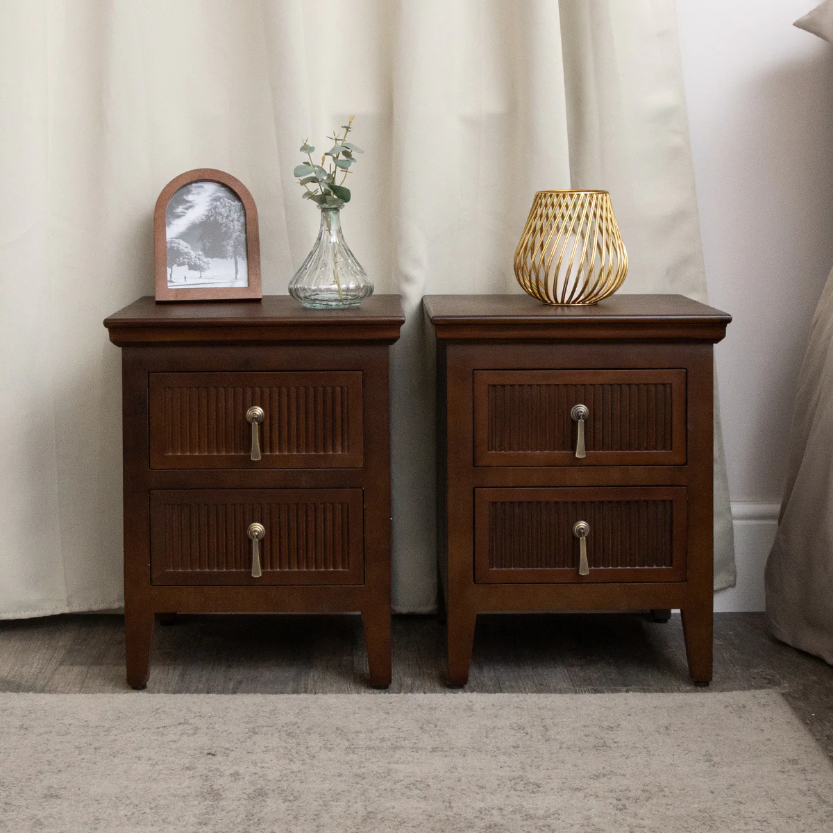 Pair of Dark Wood Reeded 2 Drawer Bedside Tables - Georgian Range - Image 5
