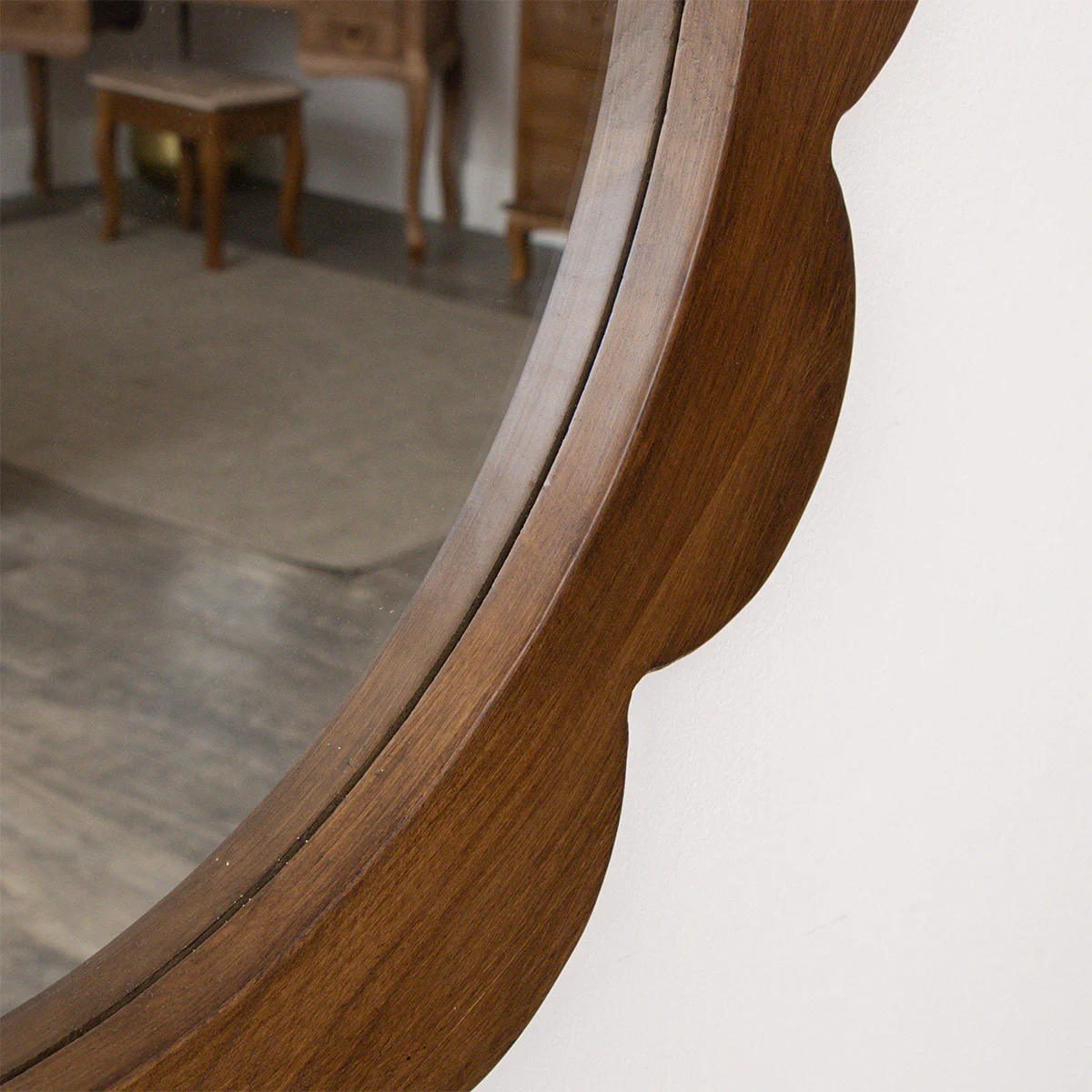 Dark Wood Scalloped Edge Bevelled Wall Mirror - 70cm - Image 3