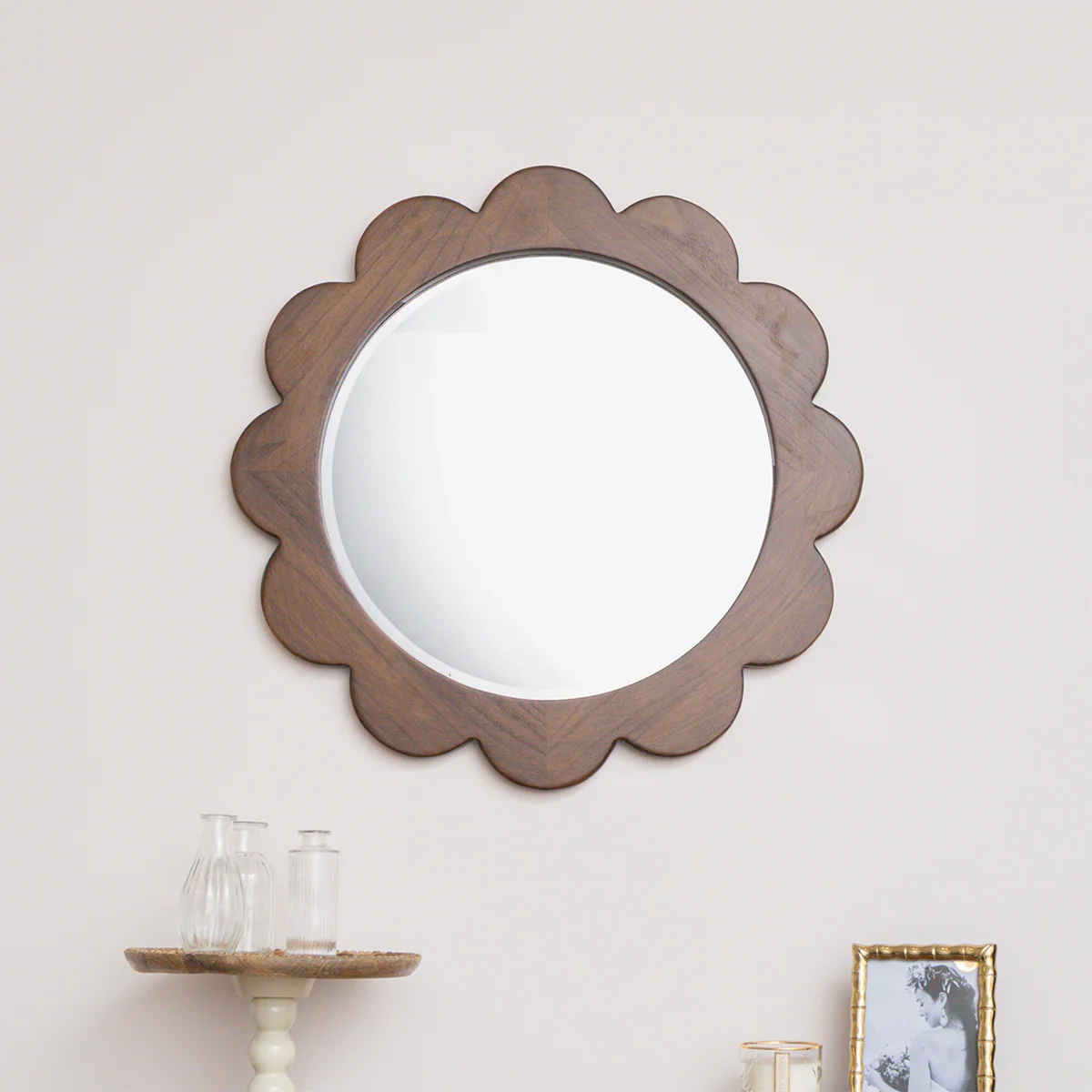 Dark Wood Scalloped Edge Bevelled Wall Mirror - 70cm - Image 4