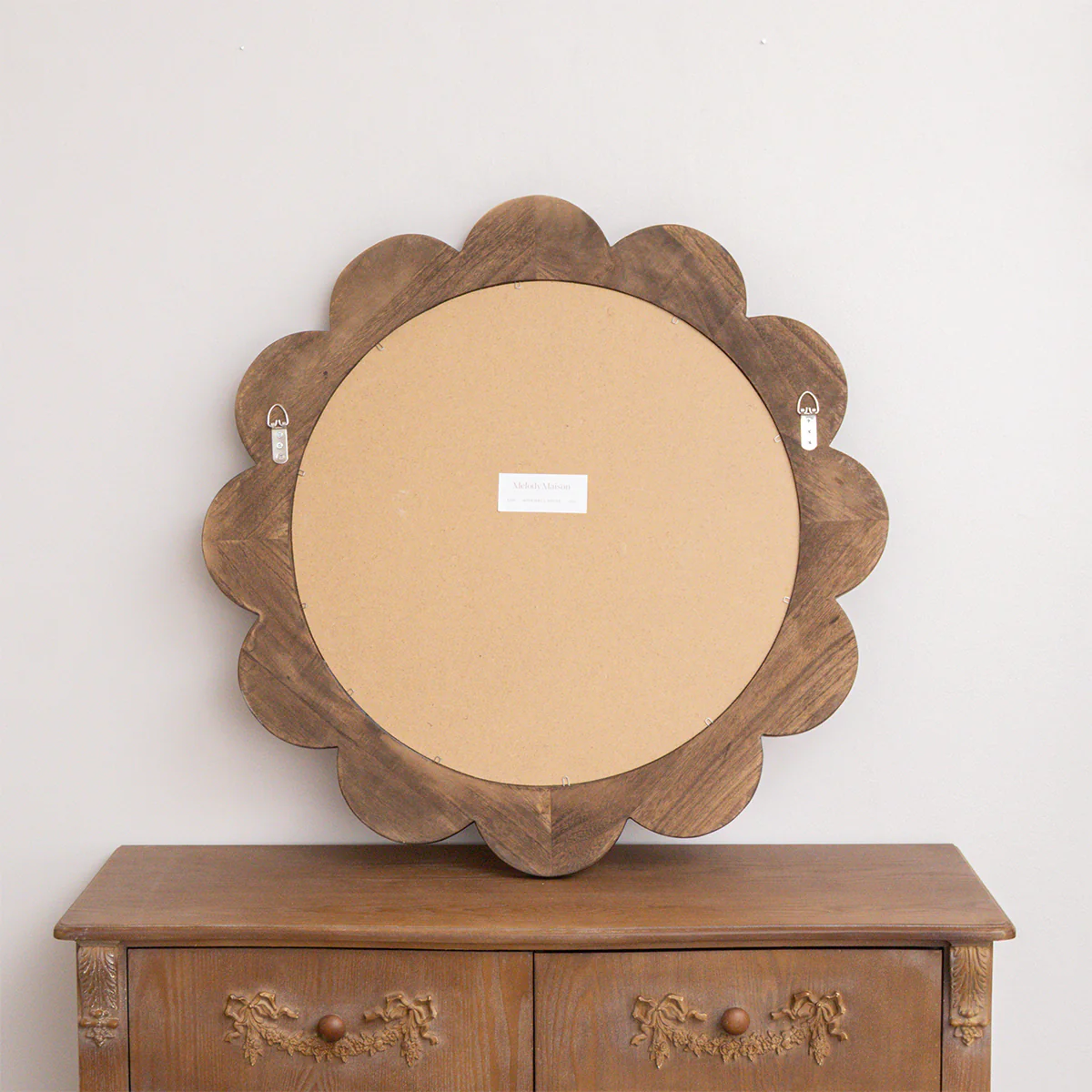 Dark Wood Scalloped Edge Bevelled Wall Mirror - 70cm - Image 5