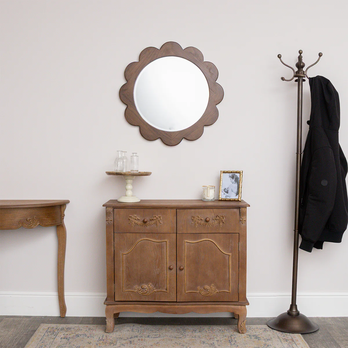 Dark Wood Scalloped Edge Bevelled Wall Mirror - 70cm - Image 6