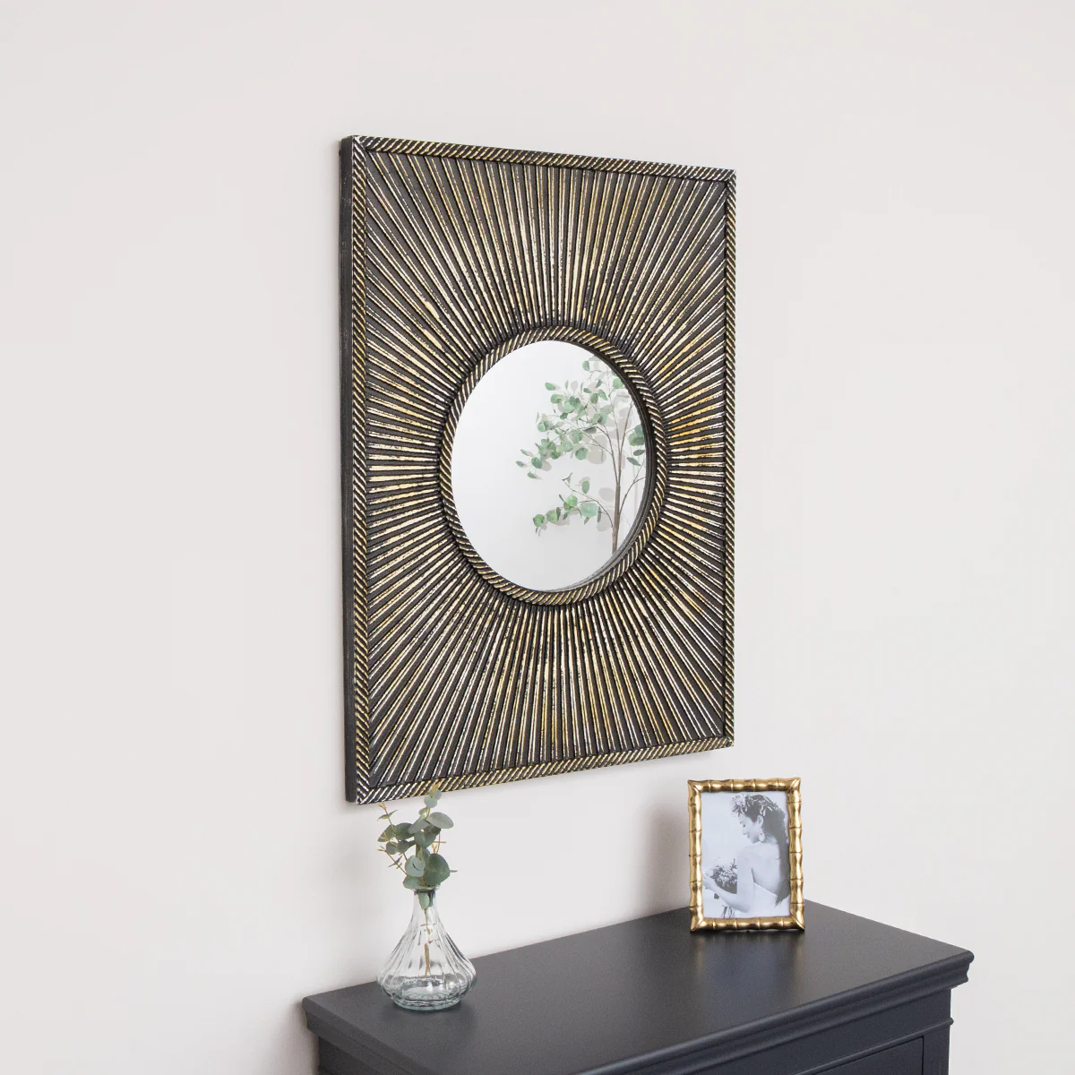 Distressed Black Rectangular Wooden Sunburst Wall Mirror - 60cm x 80cm - Image 6