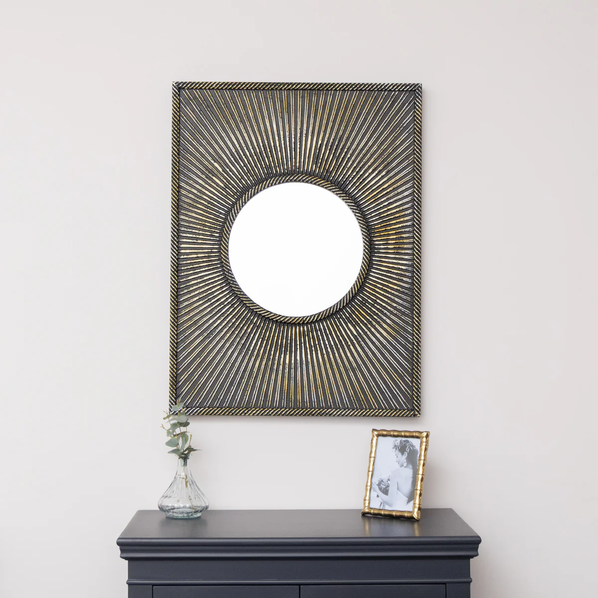 Distressed Black Rectangular Wooden Sunburst Wall Mirror - 60cm x 80cm - Image 7