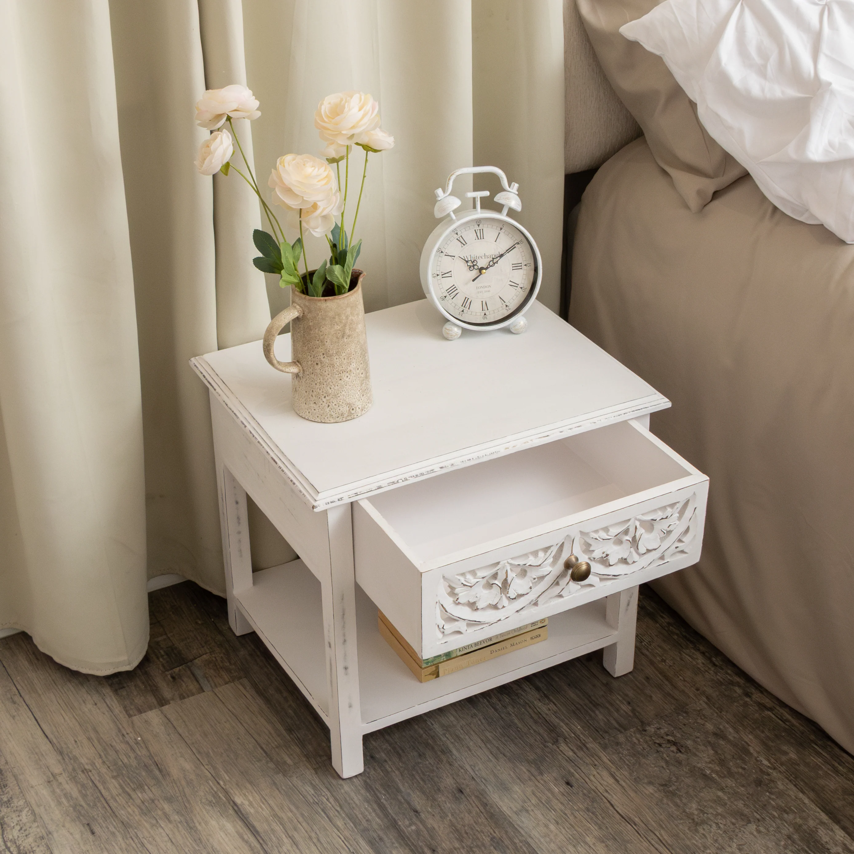 Distressed White Mango Wood Bohemian Bedside Table - Freya White Range - Image 5