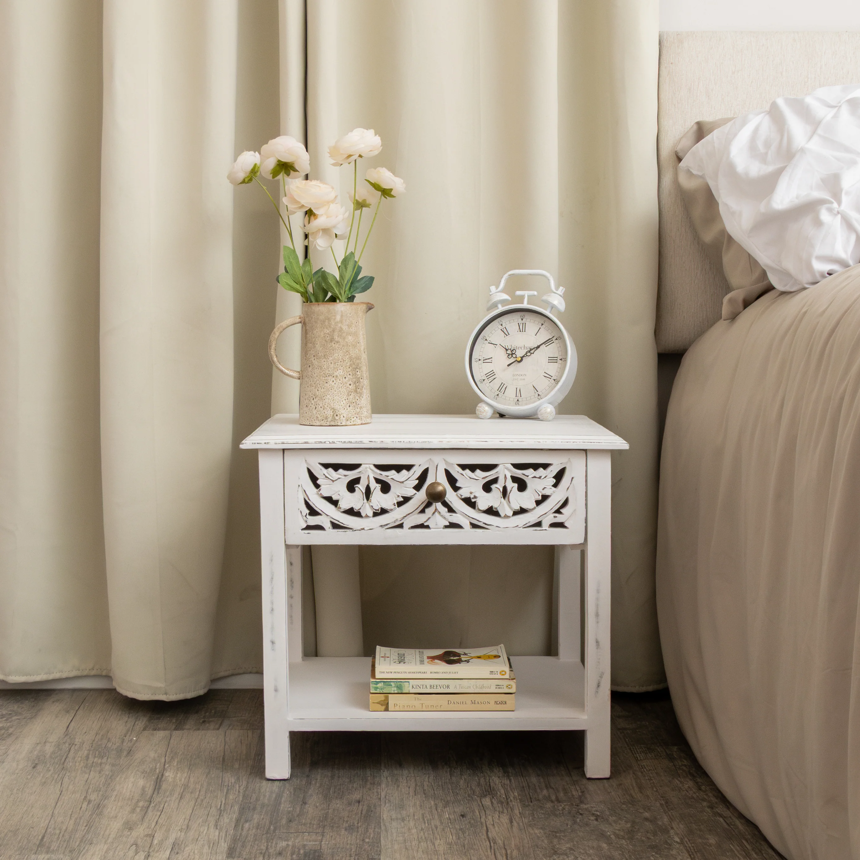Distressed White Mango Wood Bohemian Bedside Table - Freya White Range - Image 6