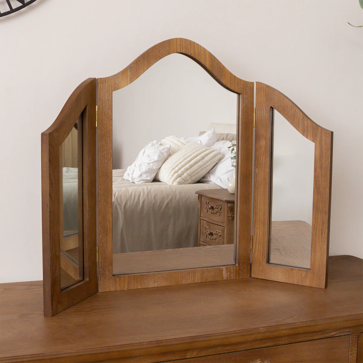 Wooden Dressing Table Desk with Triple Mirror and Stool & Pair of 3 Drawers Bedside Tables - Pays Du Bois Range - Image 5
