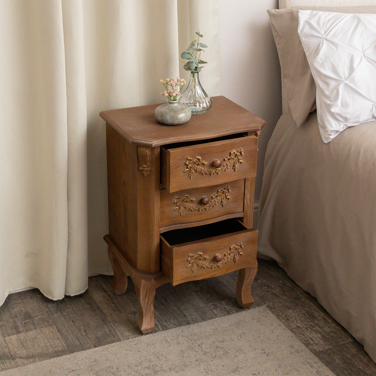 Wooden Dressing Table Desk with Triple Mirror and Stool & Pair of 3 Drawers Bedside Tables - Pays Du Bois Range - Image 7