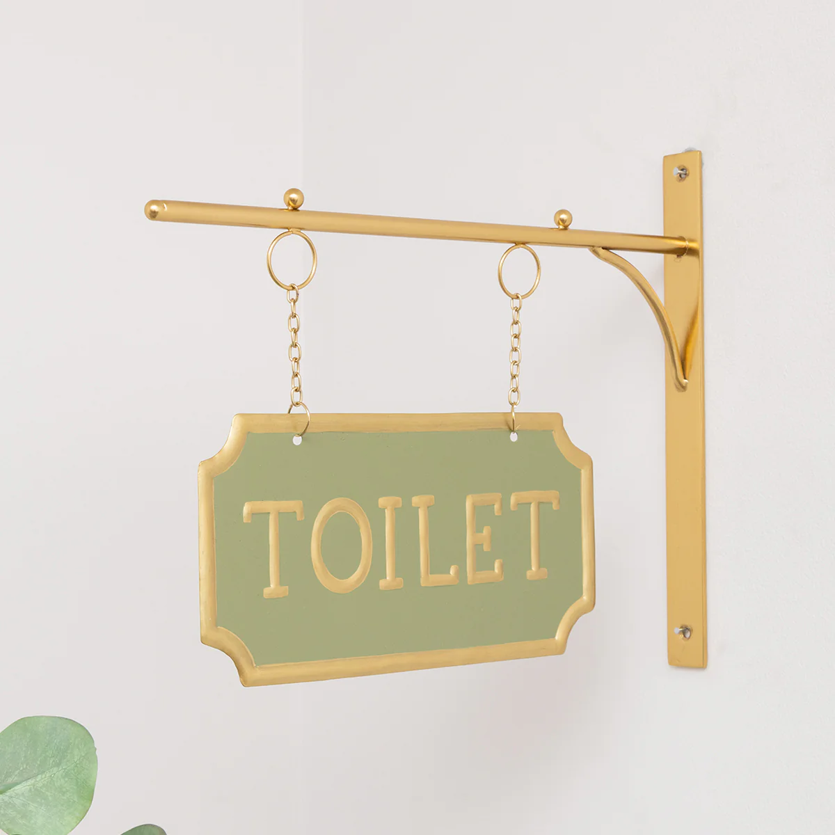 Gold and Sage Green Metal Wall Mounted Hanging Toilet Sign - Image 4