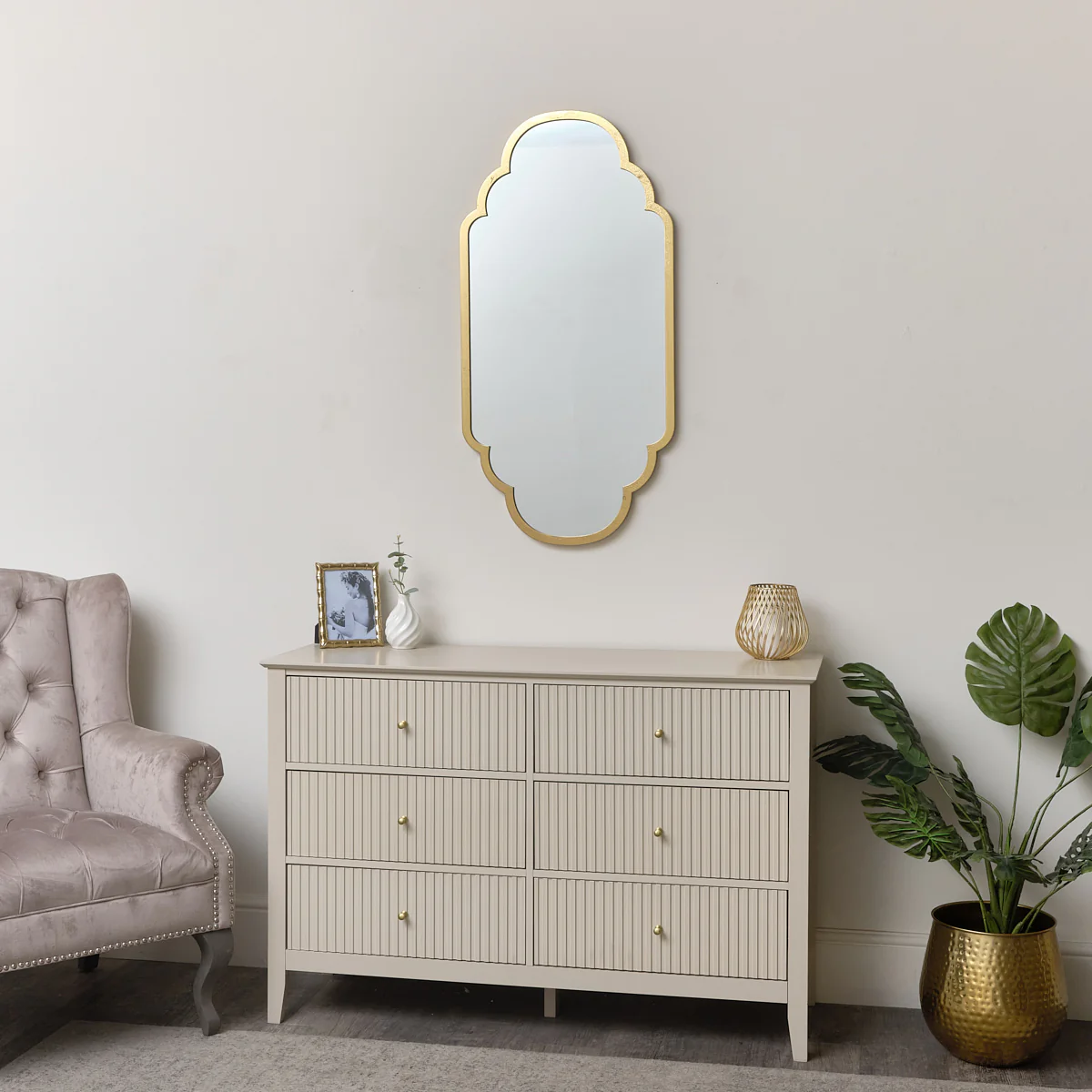 Gold Foiled Curved Scalloped Framed Wall Mirror 50cm x 100cm - Image 4