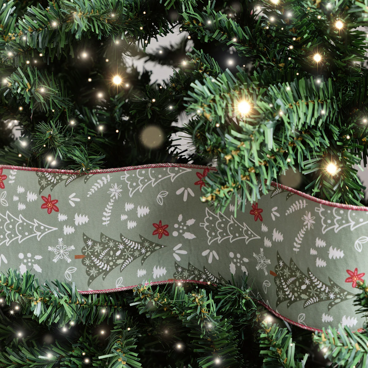 Green Christmas Tree Detailed Fabric Tree Ribbon - 270cm (2.7m / 106.3') - Image 2