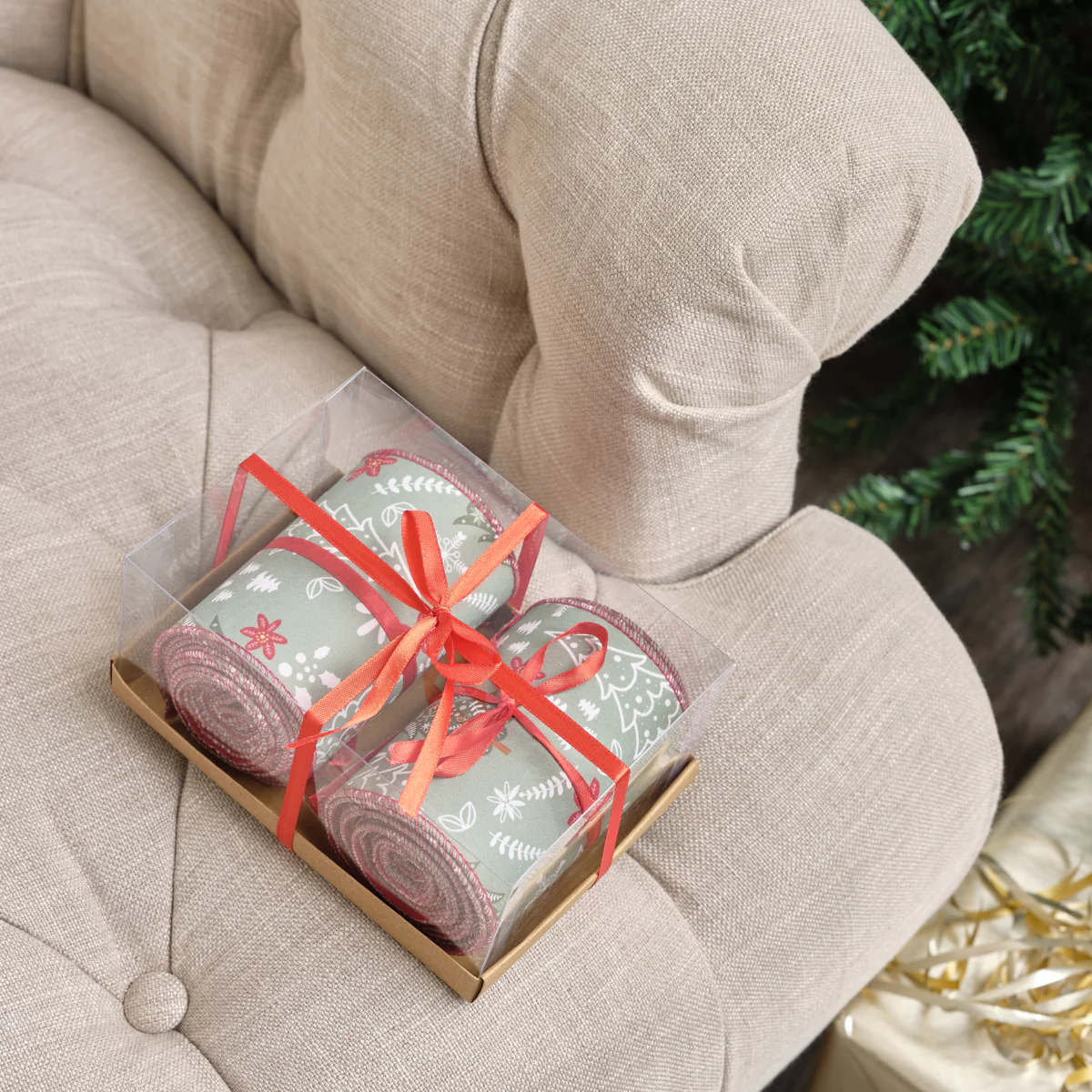 Green Christmas Tree Detailed Fabric Tree Ribbon - 270cm (2.7m / 106.3') - Image 3