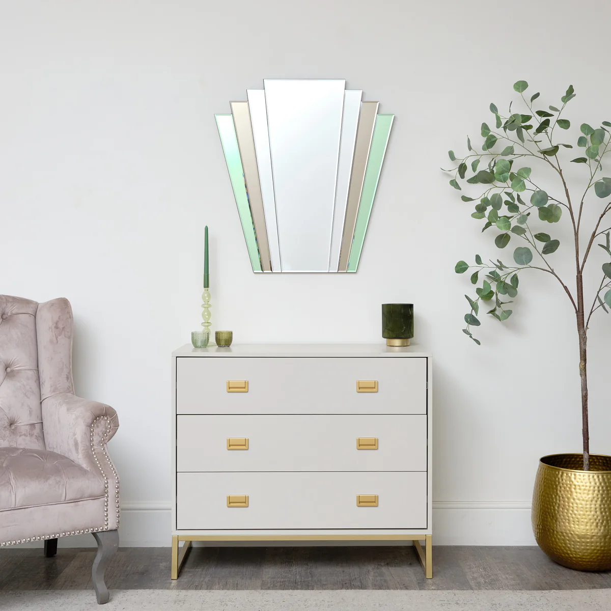 Green & Mocha Glass Art Deco Fan Wall Mirror 75cm x 68cm - Image 6