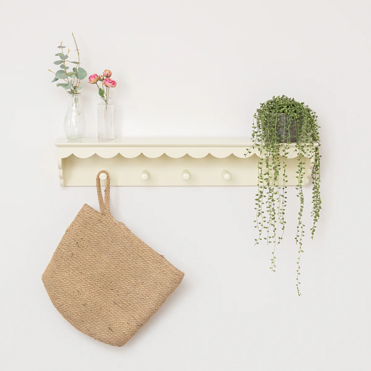 Ivory Painted Scalloped Edge Coat Peg Rail Hooks with Shelf - 80cm - Image 2