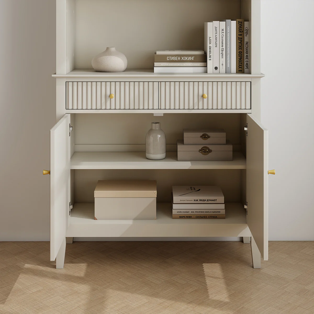 Large 2 Drawer & 2 Doors Freestanding Storage Display Cabinet - Hales Taupe Range - Image 3