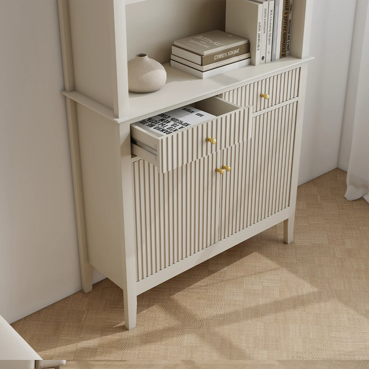 Large 2 Drawer & 2 Doors Freestanding Storage Display Cabinet - Hales Taupe Range - Image 4