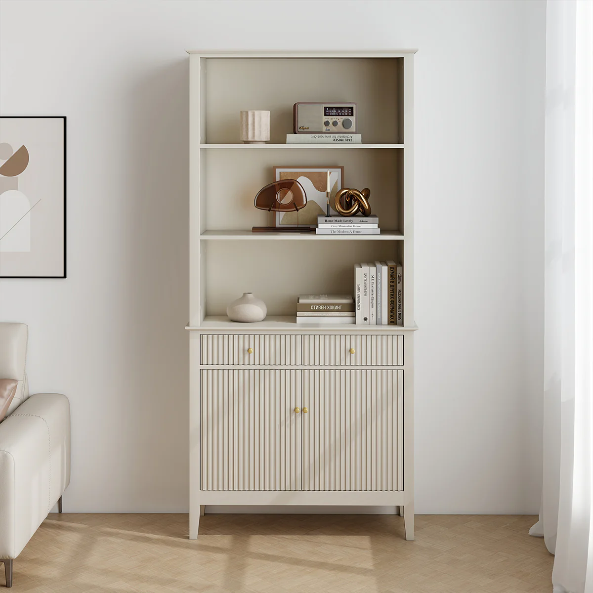 Large 2 Drawer & 2 Doors Freestanding Storage Display Cabinet - Hales Taupe Range - Image 8