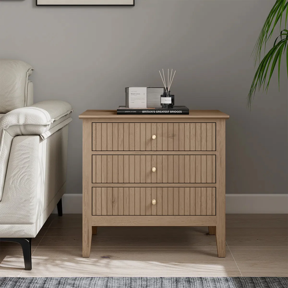 Large 3 Drawer Bedside Table - Hales Pale Wood Range