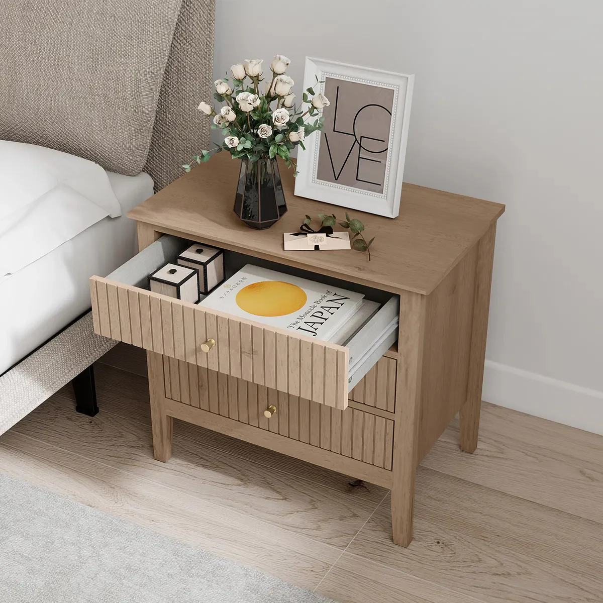 Large 3 Drawer Bedside Table - Hales Pale Wood Range - Image 2