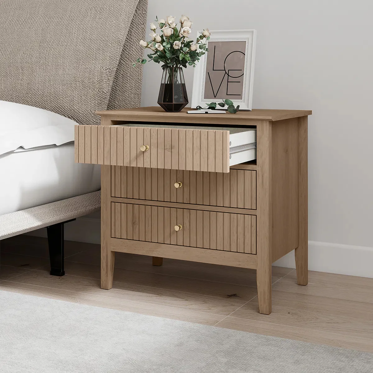 Large 3 Drawer Bedside Table - Hales Pale Wood Range - Image 3