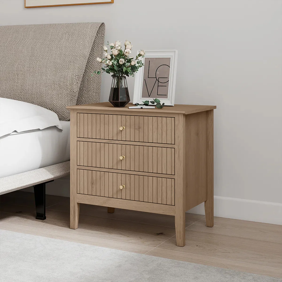 Large 3 Drawer Bedside Table - Hales Pale Wood Range - Image 5