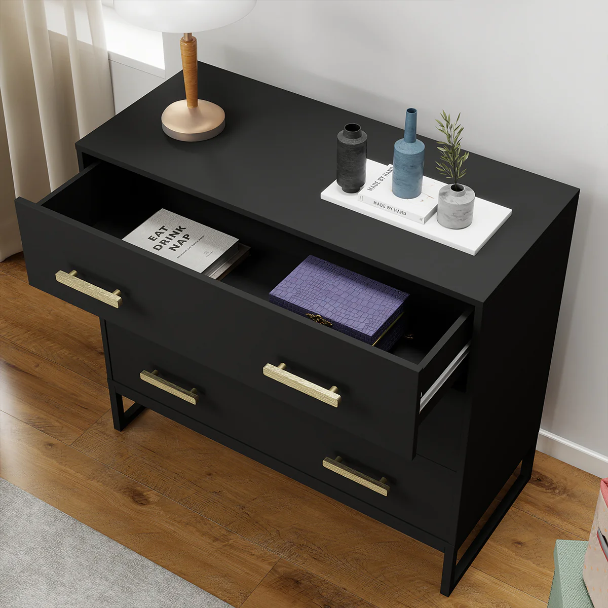 Large 3 Drawer Chest Of Drawers & Pair Of One Drawer Bedside Tables - Luna Black Range - Image 4