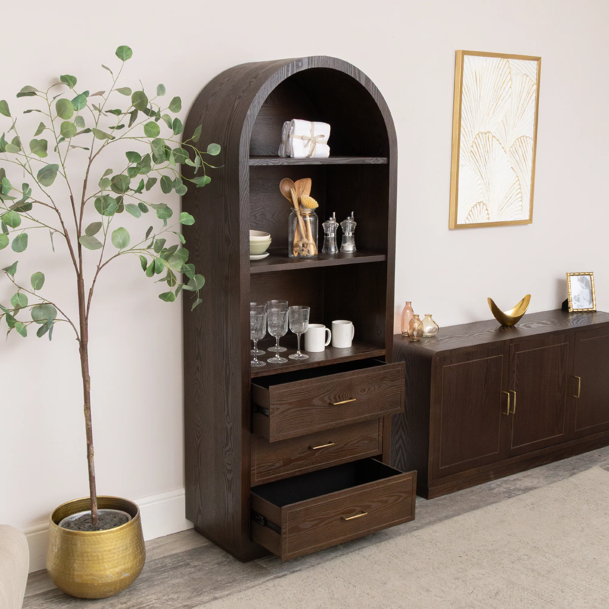 Large Arched Dark Wood Freestanding Storage Cabinet - Kingsley Range - Image 5