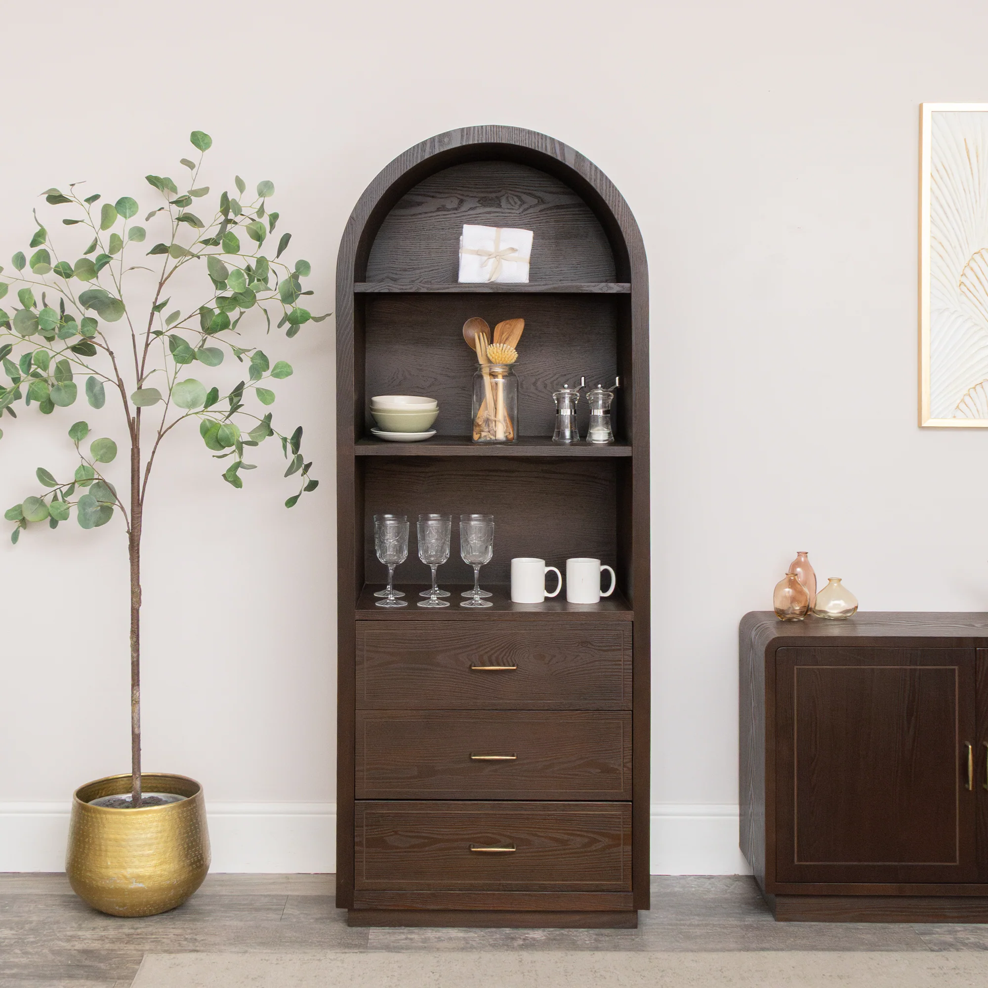 Large Arched Dark Wood Freestanding Storage Cabinet - Kingsley Range - Image 6