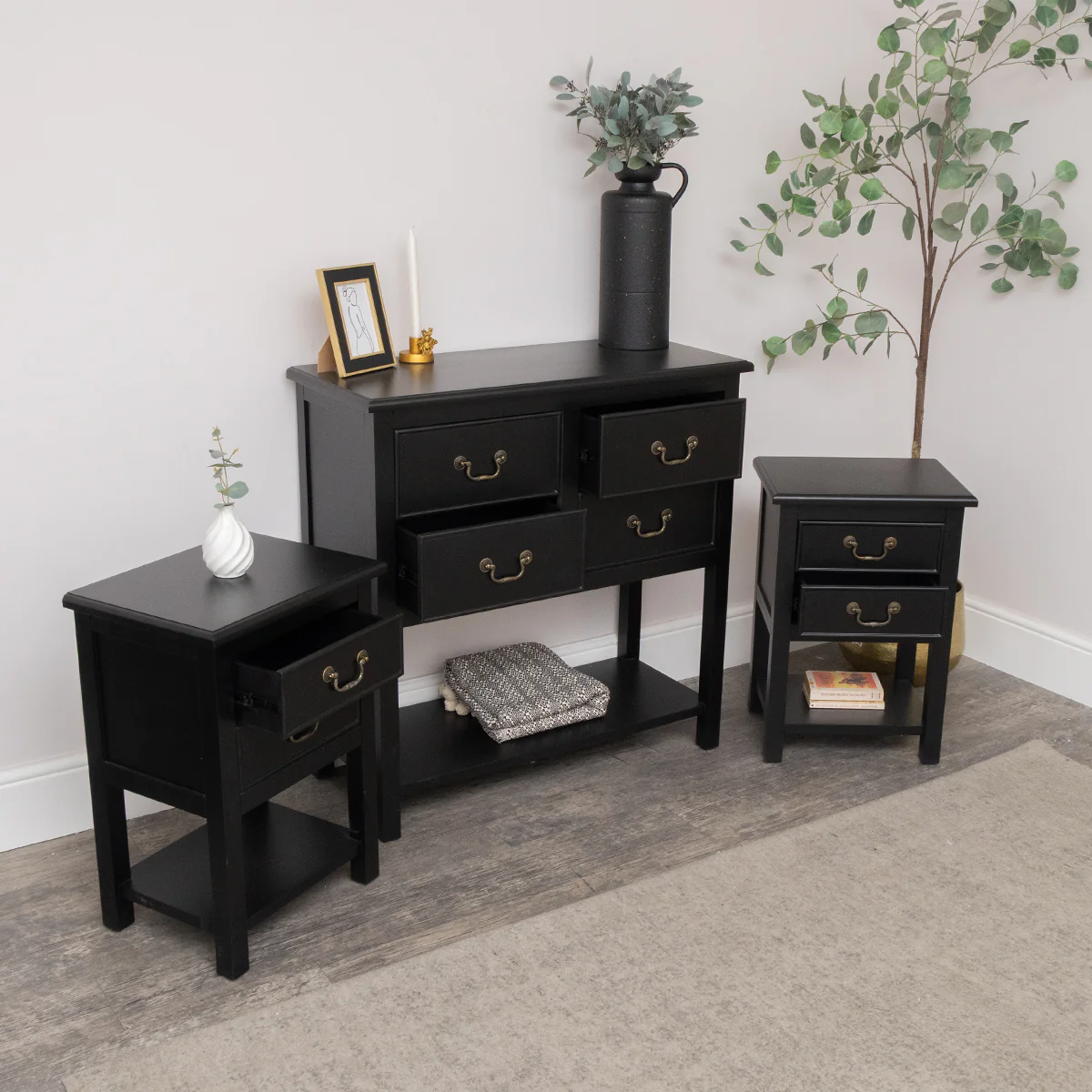 Large Black 4 Drawer Chest of Drawers & Pair of Bedside Tables - Briggs Range - Image 2