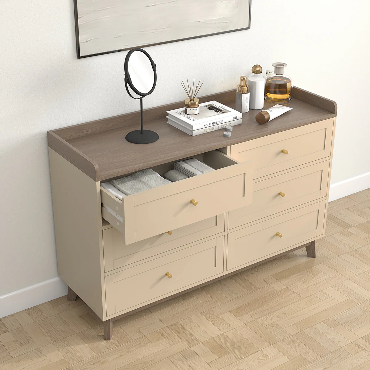 Large Cream 6 Drawer Chest of Drawers & Pair Of 3 Drawer Bedside Tables - Oswin Range - Image 5