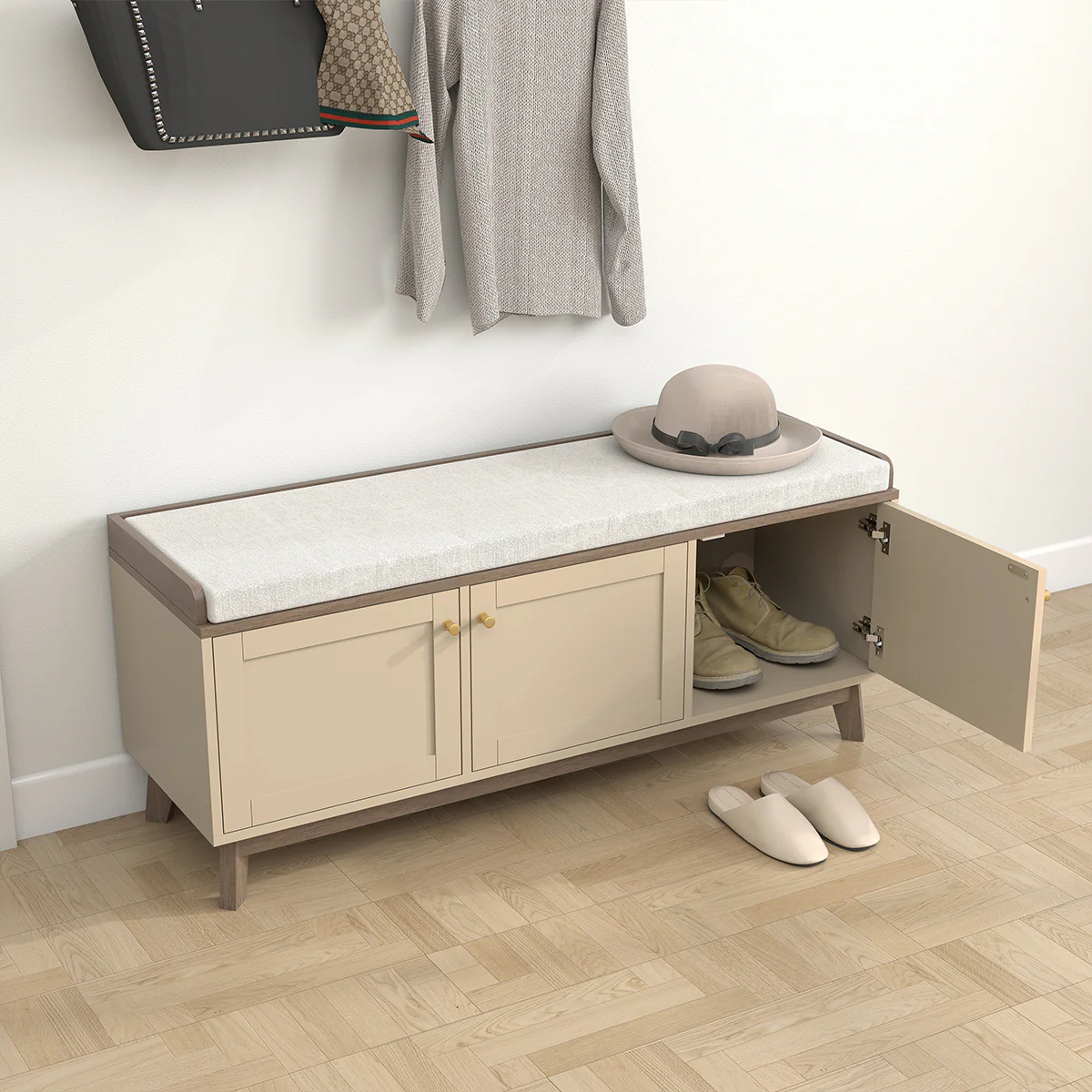 Large Cream Hall Storage Bench with Cushioned Seat - Oswin Range - Damaged second - Image 7