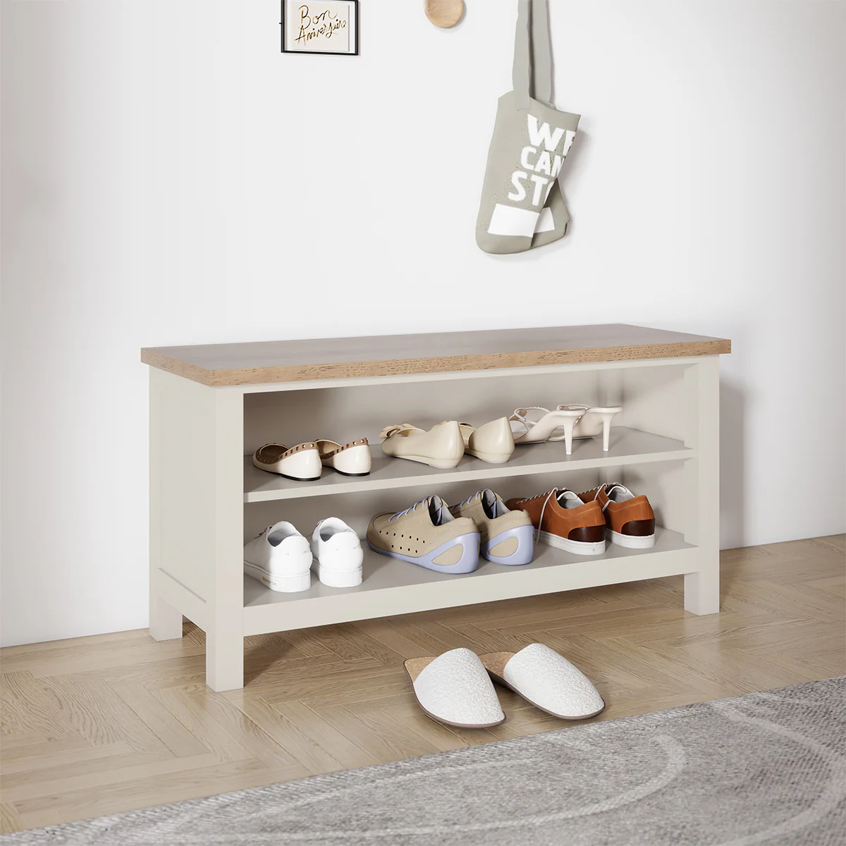 Large Cream & Wooden Shoe Rack / Hallway Bench - 100cm