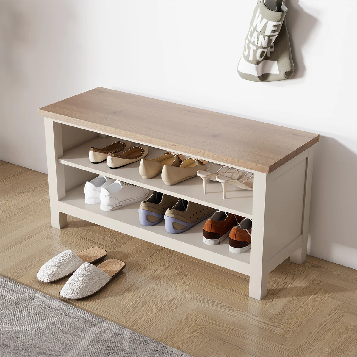 Large Cream & Wooden Shoe Rack / Hallway Bench - 100cm - Image 3