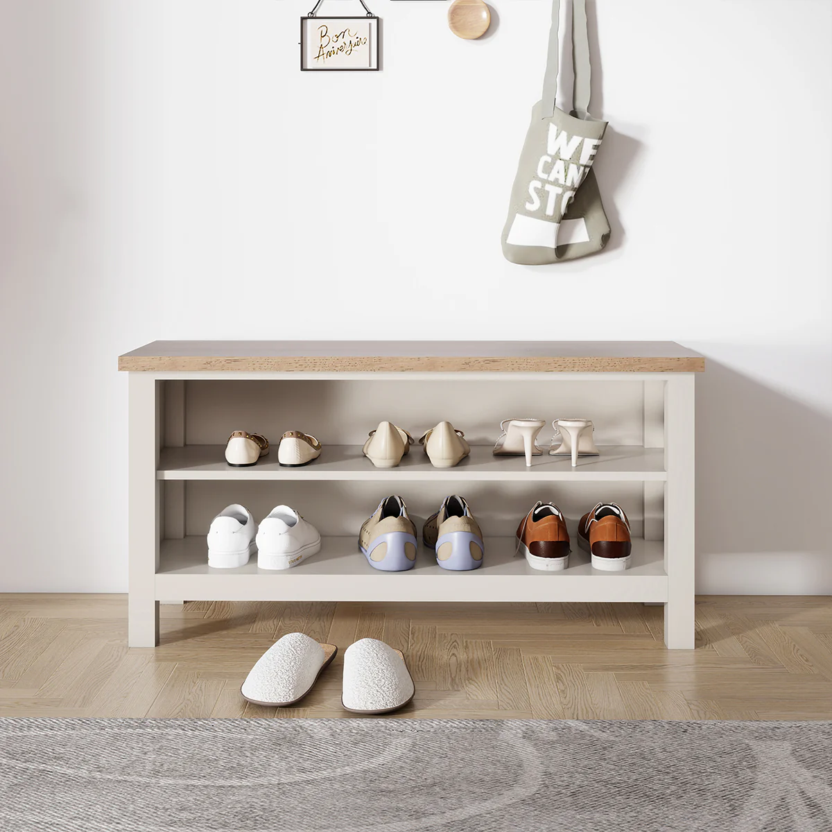 Large Cream & Wooden Shoe Rack / Hallway Bench - 100cm - Image 4
